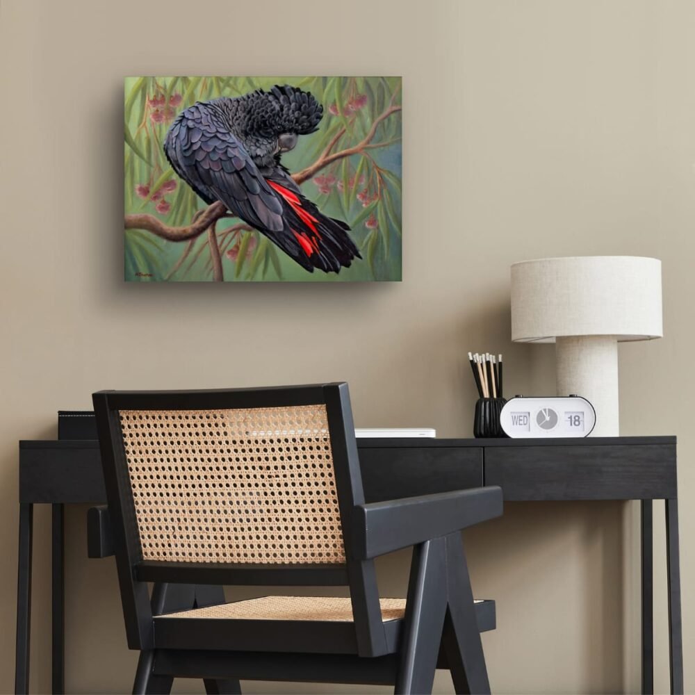 Ready to hang print of "Lenny" Red-tailed Black Cockatoo painted in oils by Nicky Shelton, Australian bird artist.