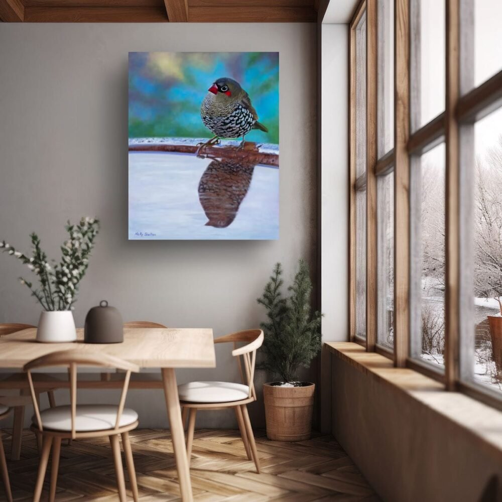 Oil painting of a Red-eared Firetail Finch by Nicky Shelton, Australian bird artist.