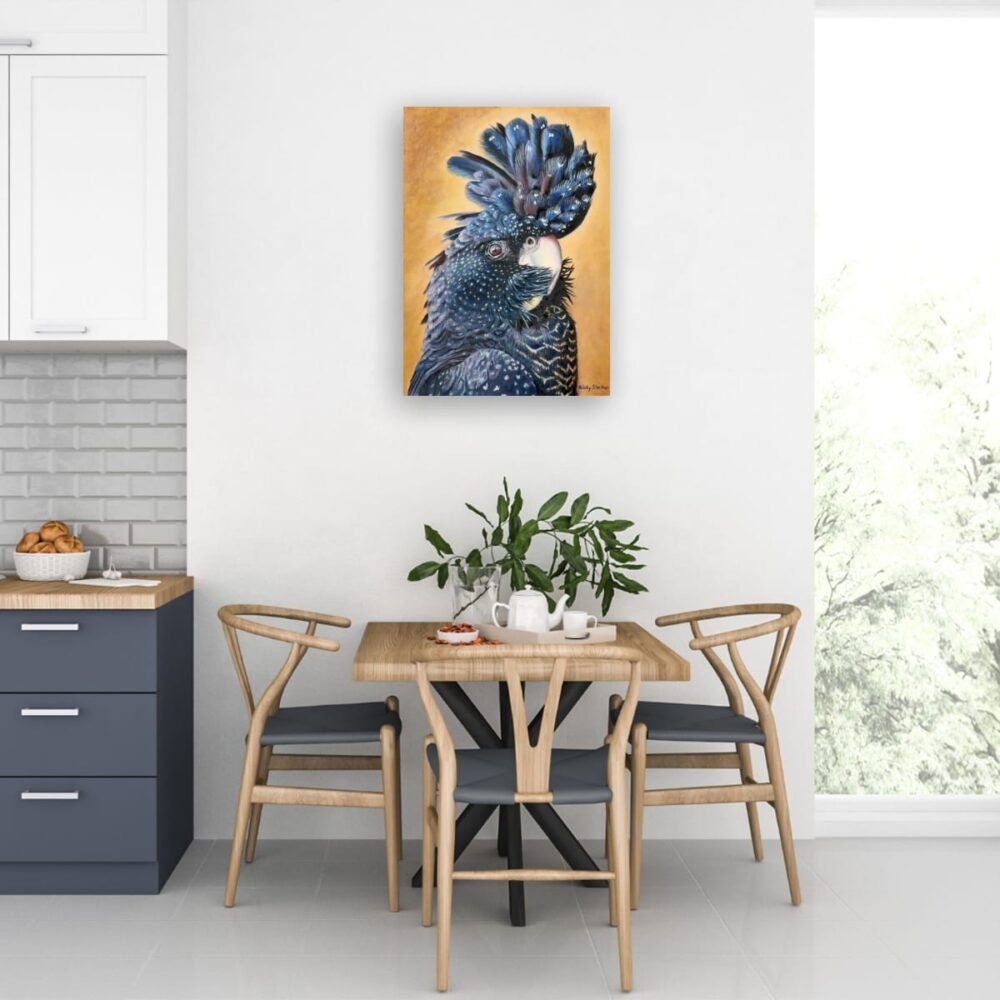 Oil painting of an endangered Red-tailed Black Cockatoo by Nicky Shelton, Australian bird artist.