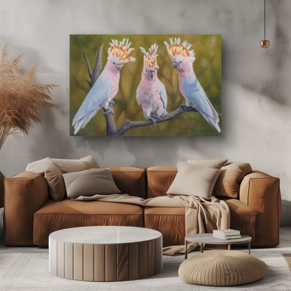 Oil painting of Australian Pink Cockatoos by Nicky Shelton, Australian bird artist.