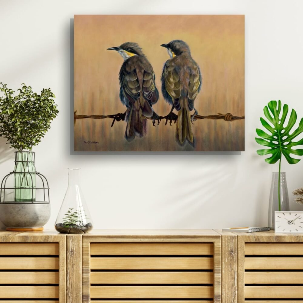 Painted in oils a pair of Singing Honeyeaters by Nicky Shelton, Australian bird artist.