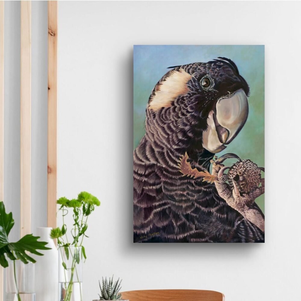 Identical print of a oil painting depicting a Black Cockatoo portrait by Nicky Shelton, Australian bird artist.