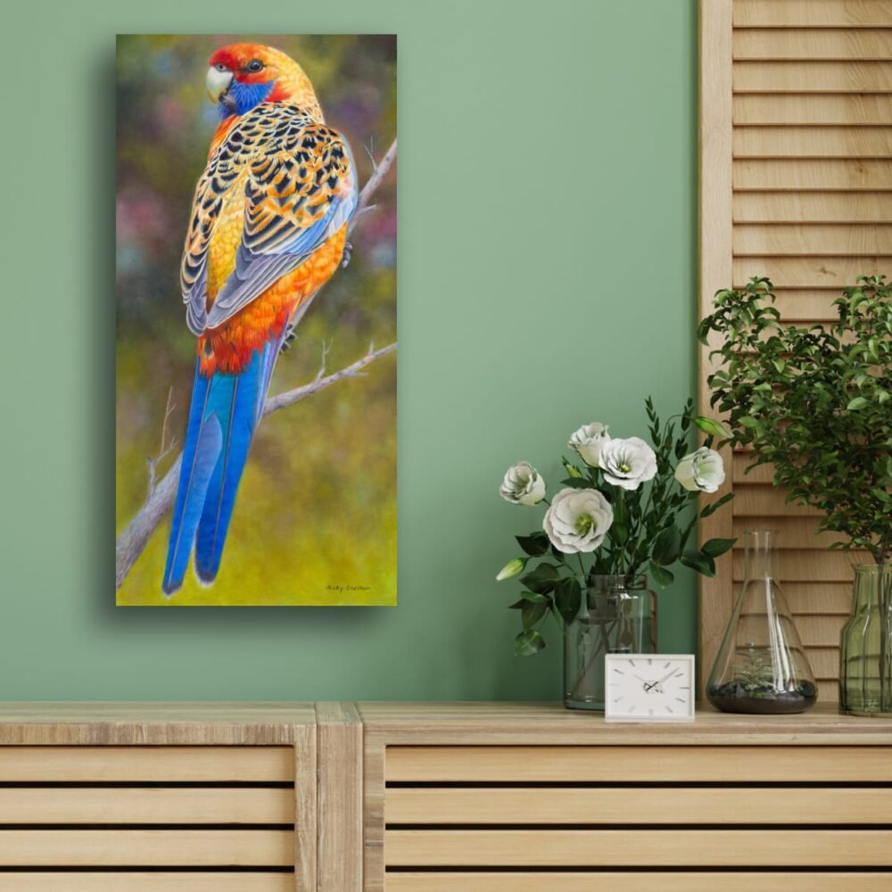 Print on ready to hang canvas of a female Adelaide Rosella, painted in oils by Nicky Shelton, Australian bird artist.