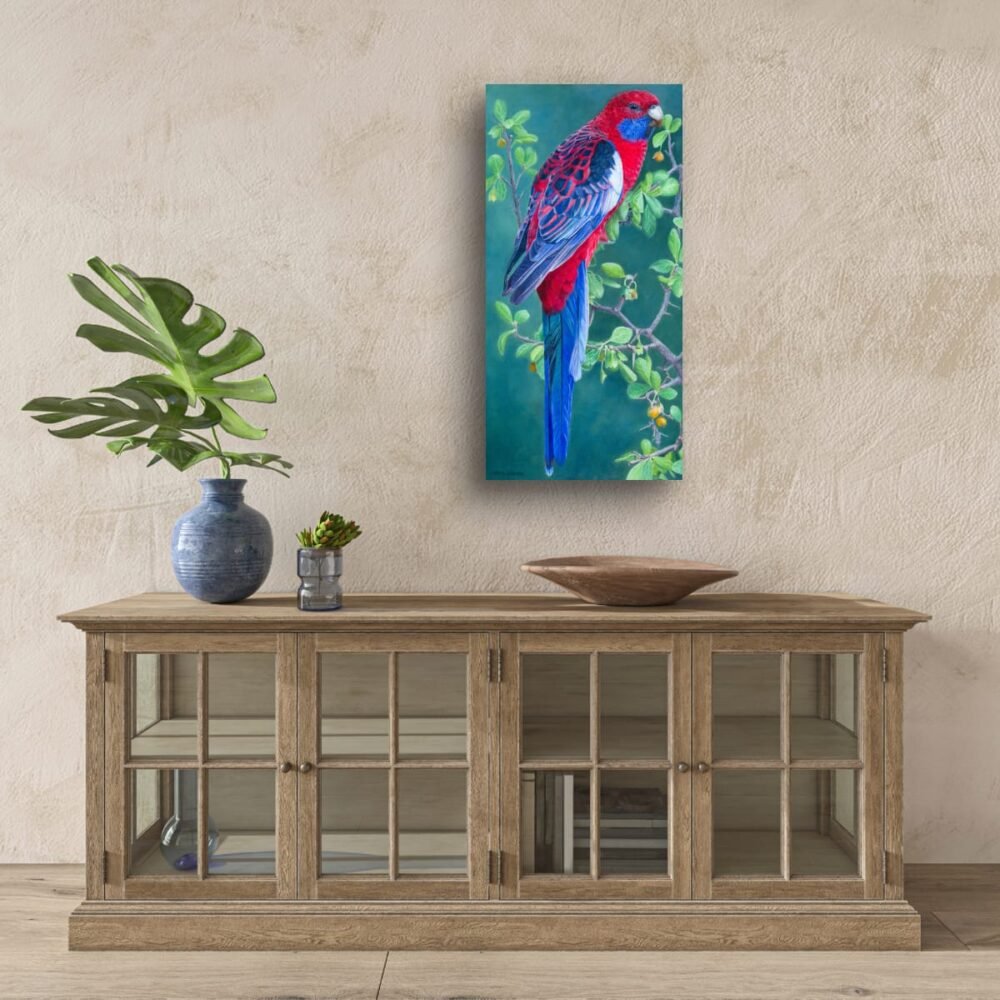 Ready to hang canvas print of "Mr Crimson' - Male Crimson Rosella painted in oils by Nicky Shelton, Australian bird artist.