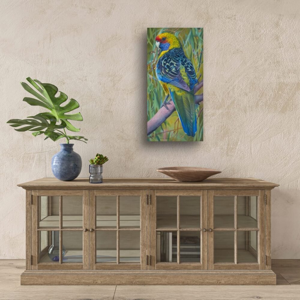 Oil painting of a female Tasmanian Green Rosella by Nicky Shelton, Australian bird artist.