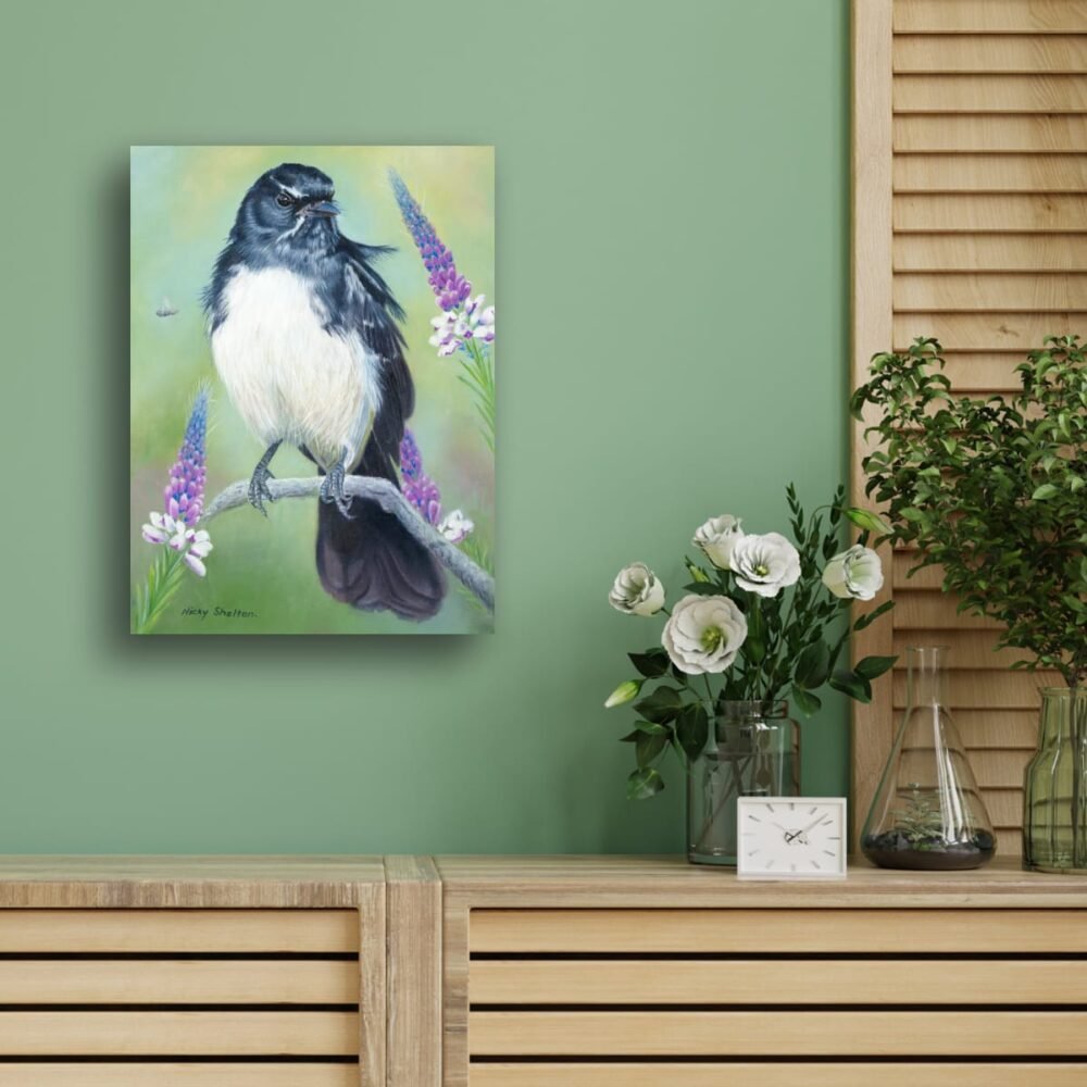 Oil painting of an Australian Willy Wagtail by Nicky Shelton, Australian bird artist.