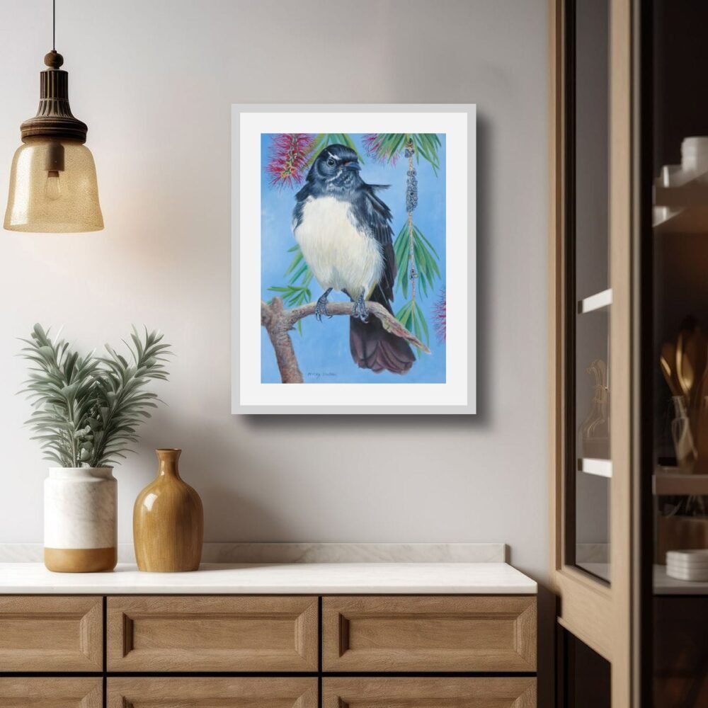 Oil painting of a Willy Wagtail by Nicky Shelton, Australian bird artist.