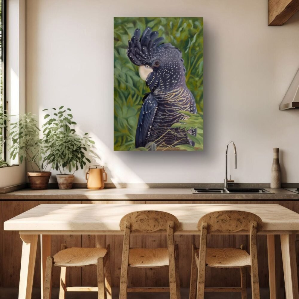 Oil painting of a Red-tailed Black Cockatoo by Nicky Shelton, Australian bird artist.