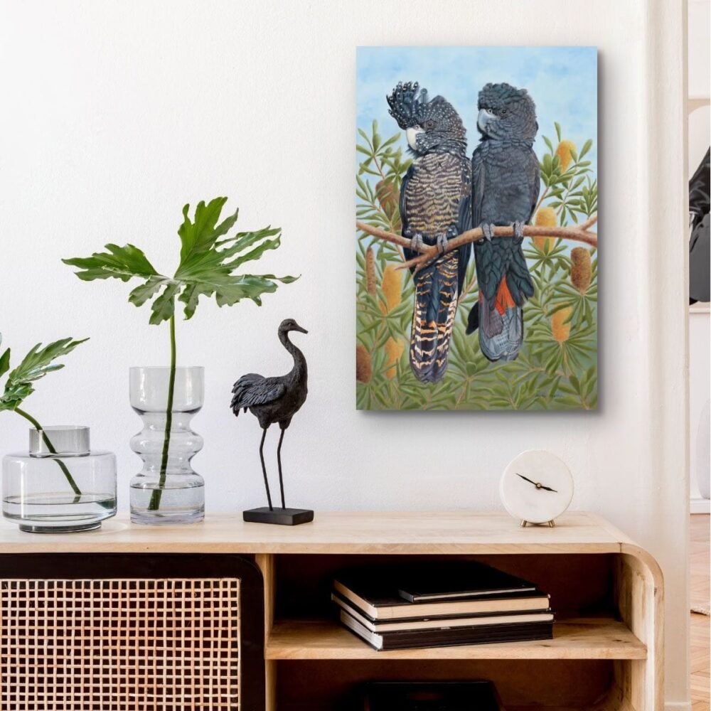 Oil painting or endangered Red-tailed Black Cockatoos by Nicky Shelton, Australian bird artist.