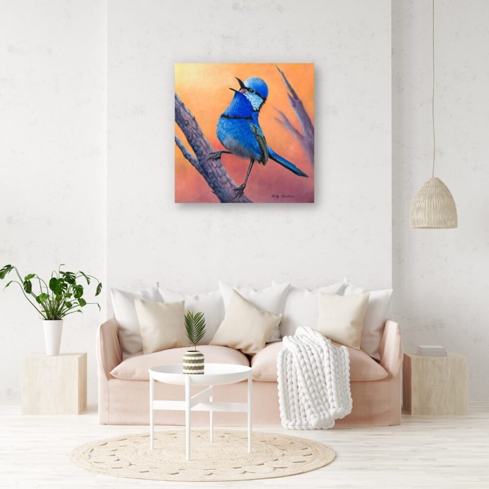 Oil painting of a Splendid Fairy wren by Nicky Shelton, Australian bird artist.