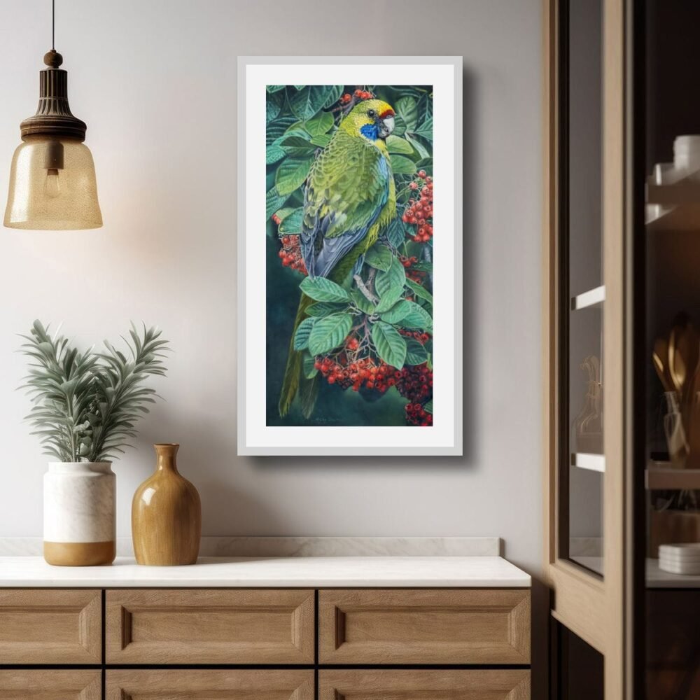 Oil painting of a Tasmanian Green Rosella by Nicky Shelton, Australian gird artist.