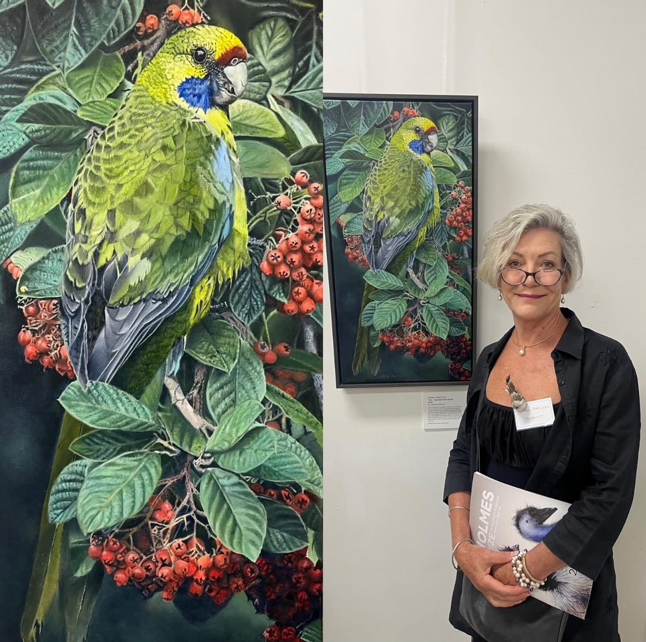 Oil painting of a Tasmanian Green Rosella by Nicky Shelton, Australian bird artist. Finalist Holmes Art Prize 2025