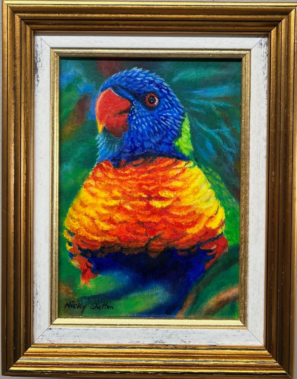Oil painting of a Rainbow Lorikeet by Nicky Shelton, Australian bird artist.