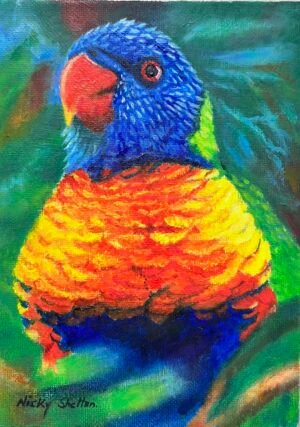 Oil painting of a Rainbow Lorikeet by Nicky Shelton, Australian bird artist.