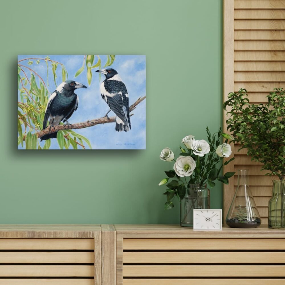 Oil painting of two Australian Magpie's by Nicky Shelton, Australian bird artist.